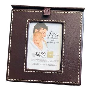 Leather Photo Picture Frame Cube Freestanding with Storage Cubby Brown gift